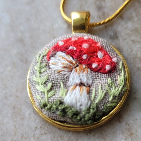 hand Embroidered necklace with mushroom pendant vintage style autumn fall Birthd