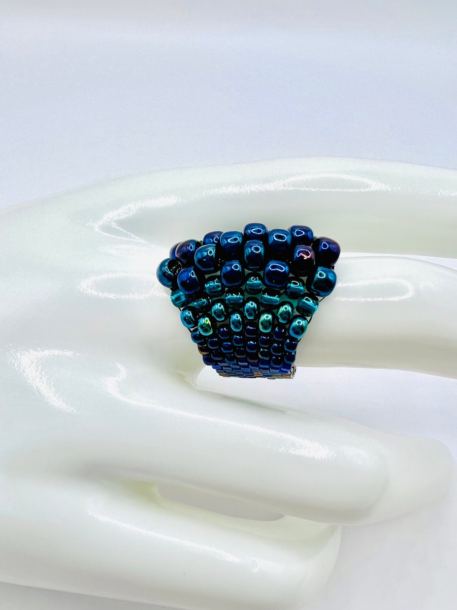 Blue Green Metallic Dragon Scales Beaded Ring Size N