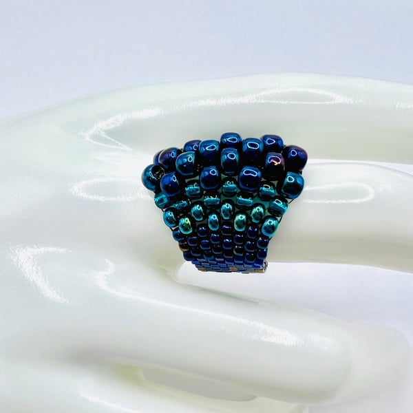 Blue Green Metallic Dragon Scales Beaded Ring Size N