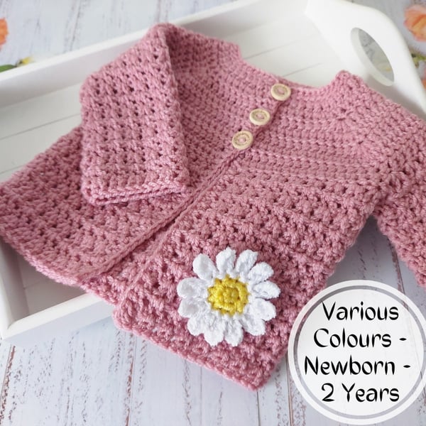 Crochet Baby Daisy Cardigan, Size Newborn to 2 Years, Made To Order