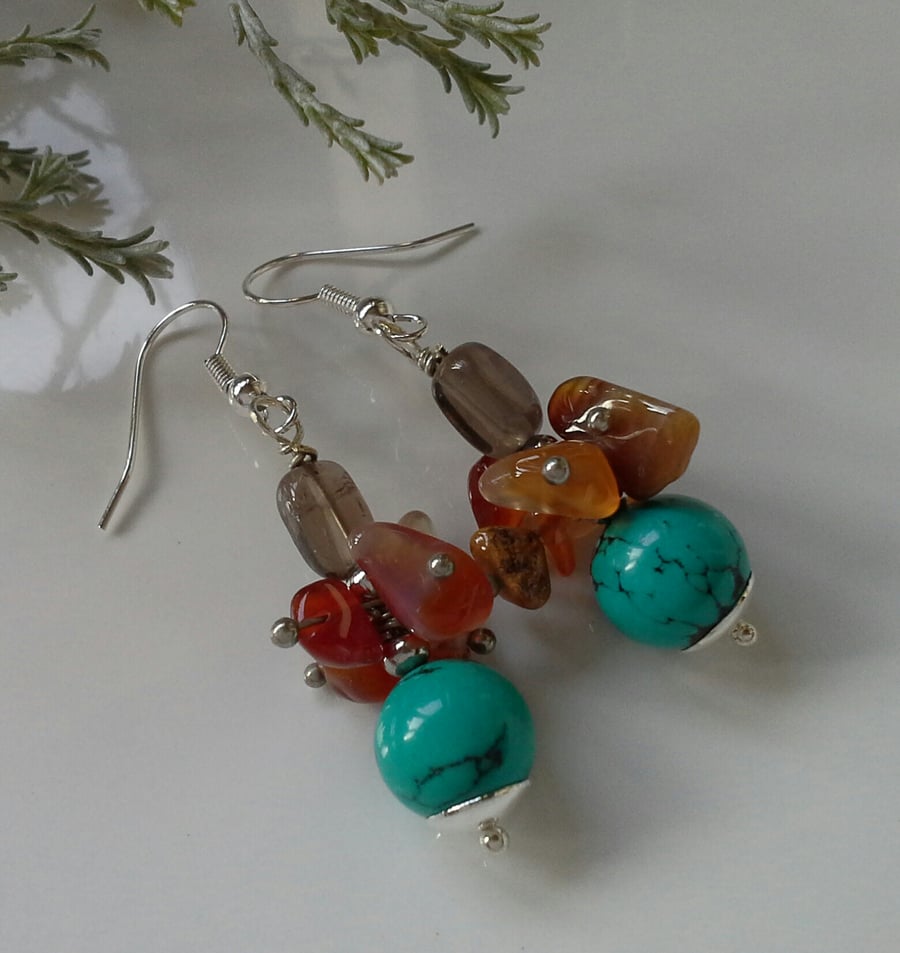 Canerlian & Turquoise (Recon;)  Smokey Quartz Cluster Silver Plated Earrings
