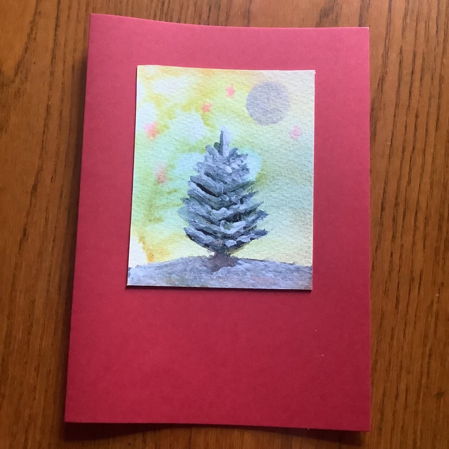 Hand painted Christmas Yule Card 'Tree & Stars'