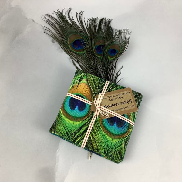 Peacock feathers coasters, Set of 4 Peacock fabric coasters, Handmade