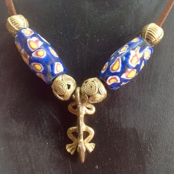 Unisex chunky cord necklace with African brass lizard pendant 