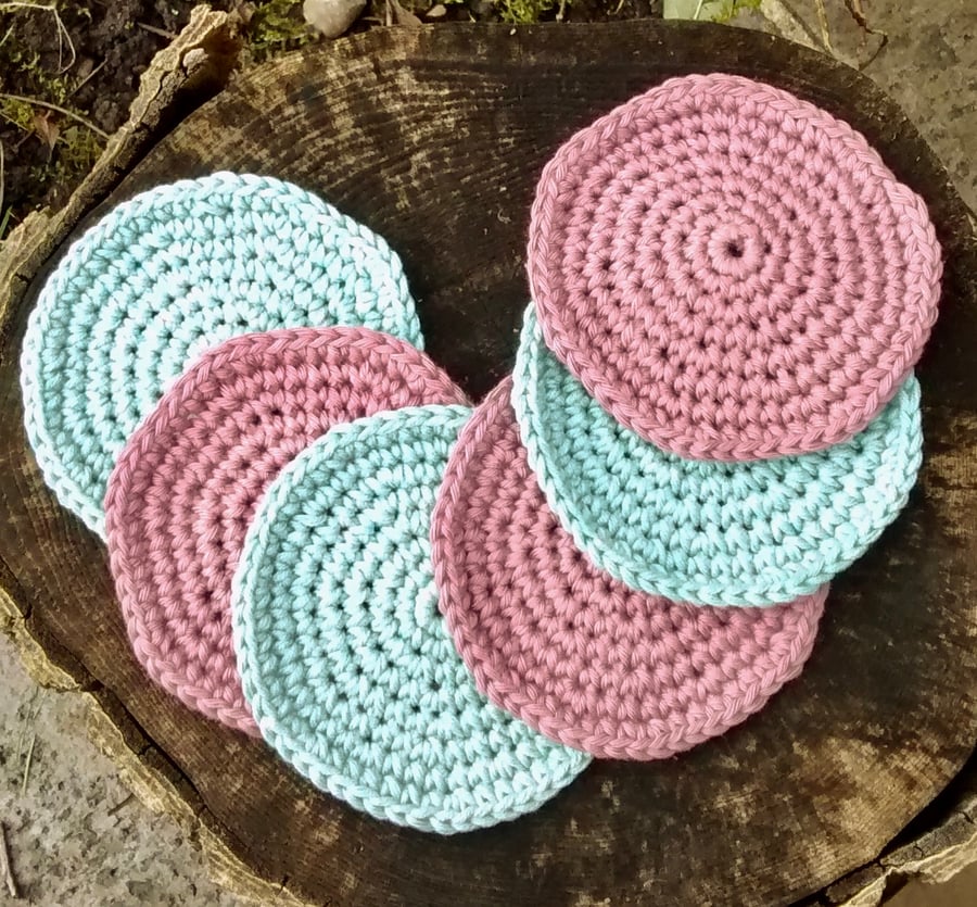 Crochet Coasters Duck Egg Blue and Pink Set of Six