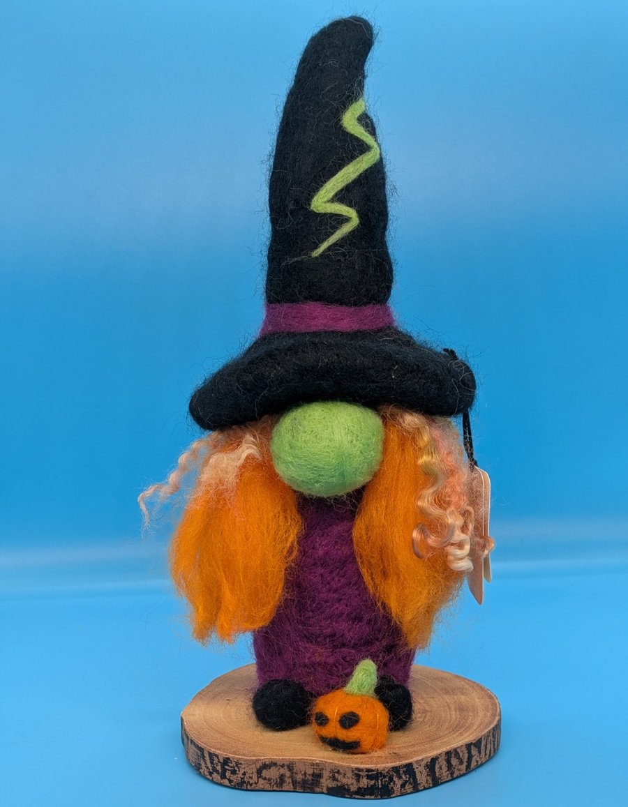 Needle felted Witch Gnome with pumpkin