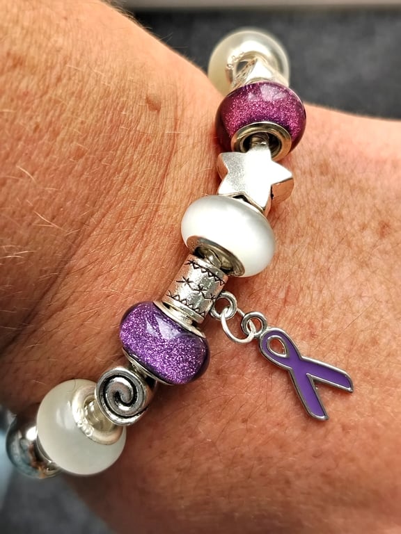 Cancer Awareness Charm Bracelet Purple Ribbon Glitter Jewellery Gift 9" 23cms