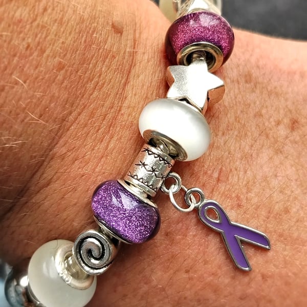 Cancer Awareness Charm Bracelet Purple Ribbon Glitter Jewellery Gift 9" 23cms