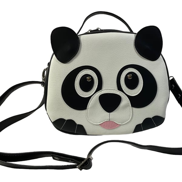 Bowler bag with cute panda face applique, faux leather crossbody bag
