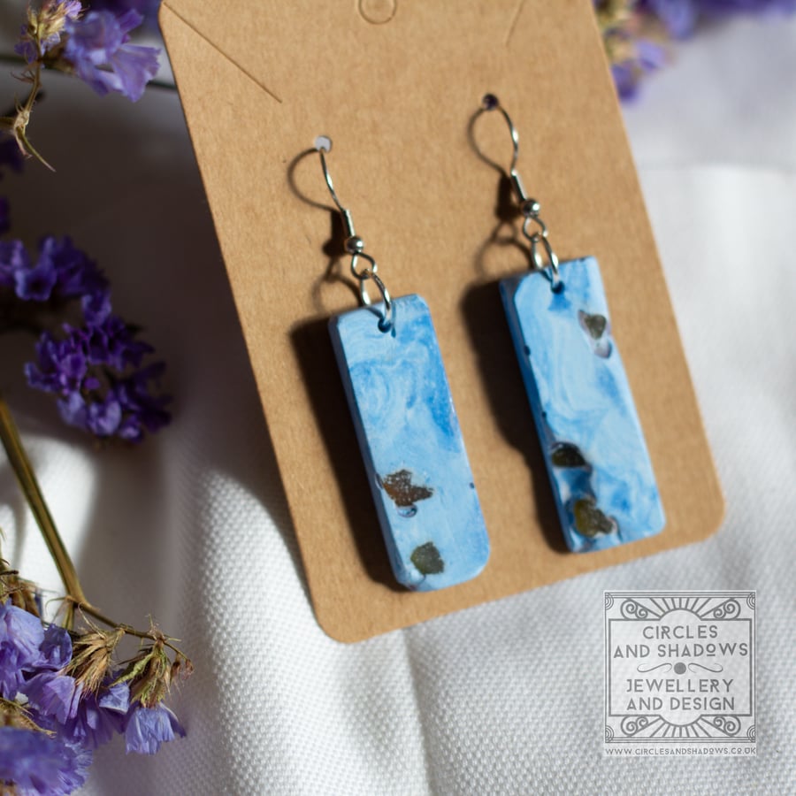 Sea Glass and Eco Resin Blue Marble Effect Earrings Medium Drop