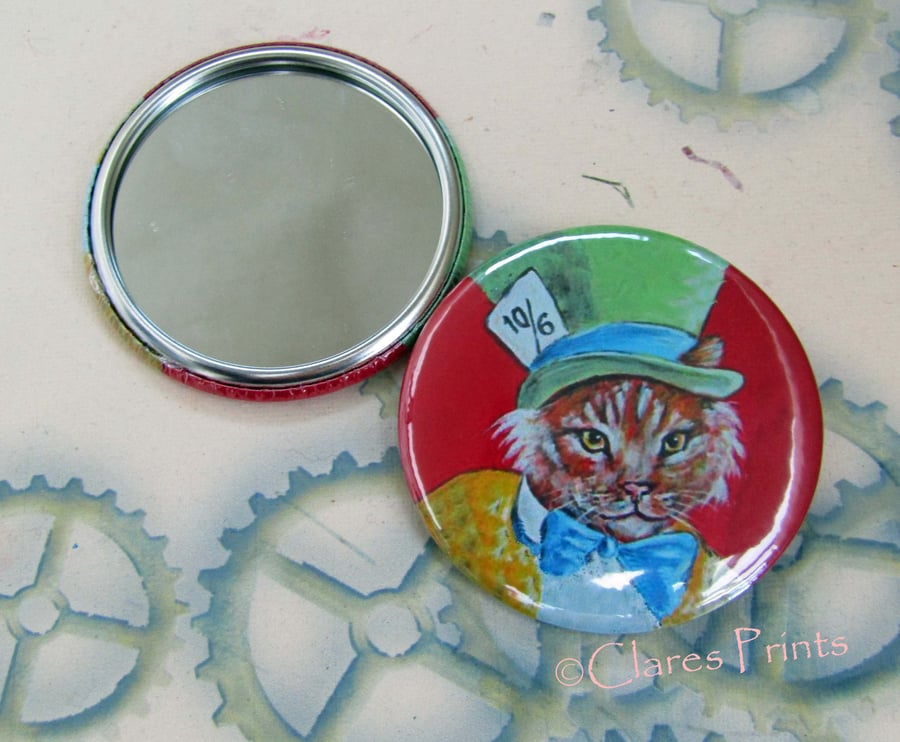 Mad Hatter Cat Art 58mm Pocket Mirror Animal Cats Top Hat