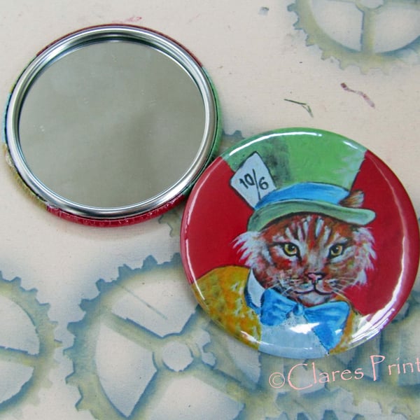 Mad Hatter Cat Art 58mm Pocket Mirror Animal Cats Top Hat