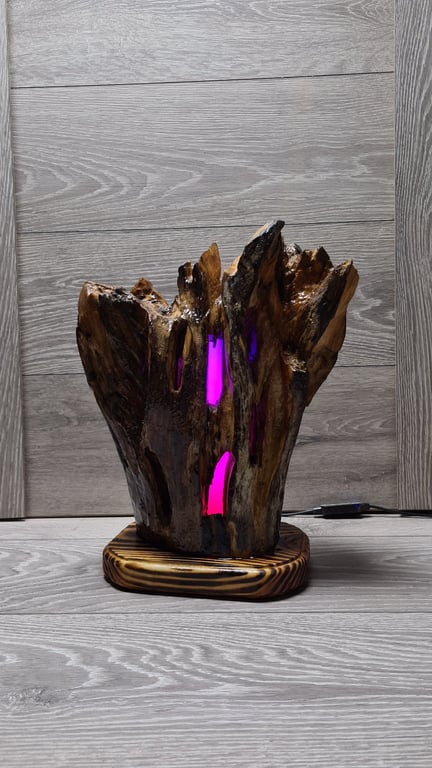Abstract Wood Sculpture with Colour-Changing LED Light, Free Standing Wood Base