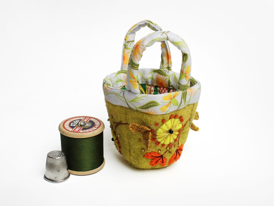 Mustard felt micro bag with hand embroidered almond blossom