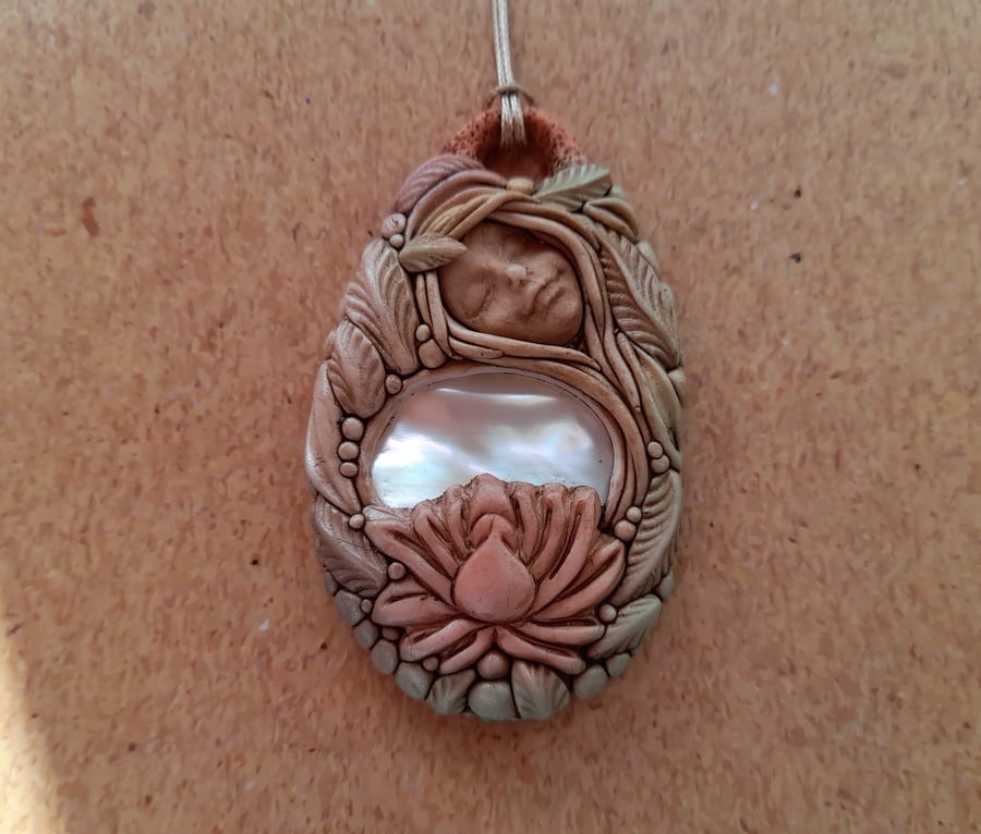 Sweet Mother of Pearl Crystal and Polymer Clay Ocean Goddess Pendant 