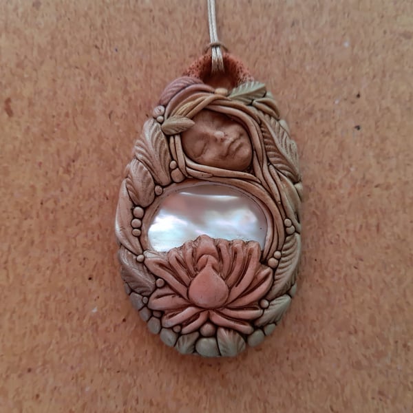 Sweet Mother of Pearl Crystal and Polymer Clay Ocean Goddess Pendant 
