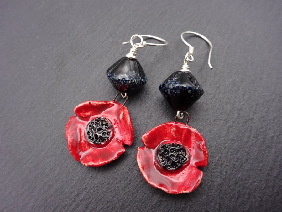 ceramic poppy earrings, black lampwork glass jewellery