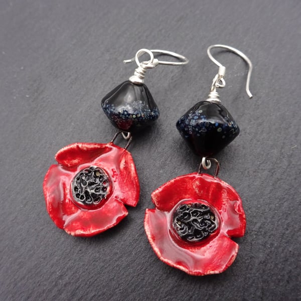 ceramic poppy earrings, black lampwork glass jewellery