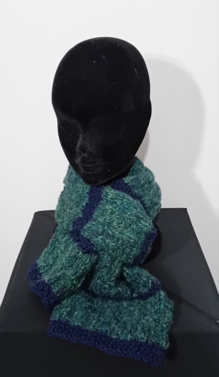 Handknitted Scarf in Two Colours. Heathery Green and Navy Blue Stripes.