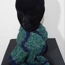 Handknitted Scarf in Two Colours. Heathery Green and Navy Blue Stripes.