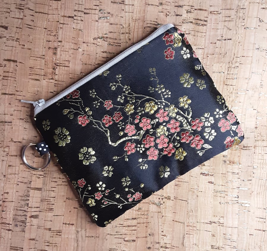 Coin Purse Oriental, Black with red & Gold Flower Print.