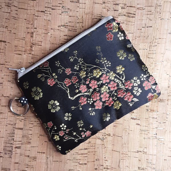 Coin Purse Oriental, Black with red & Gold Flower Print.