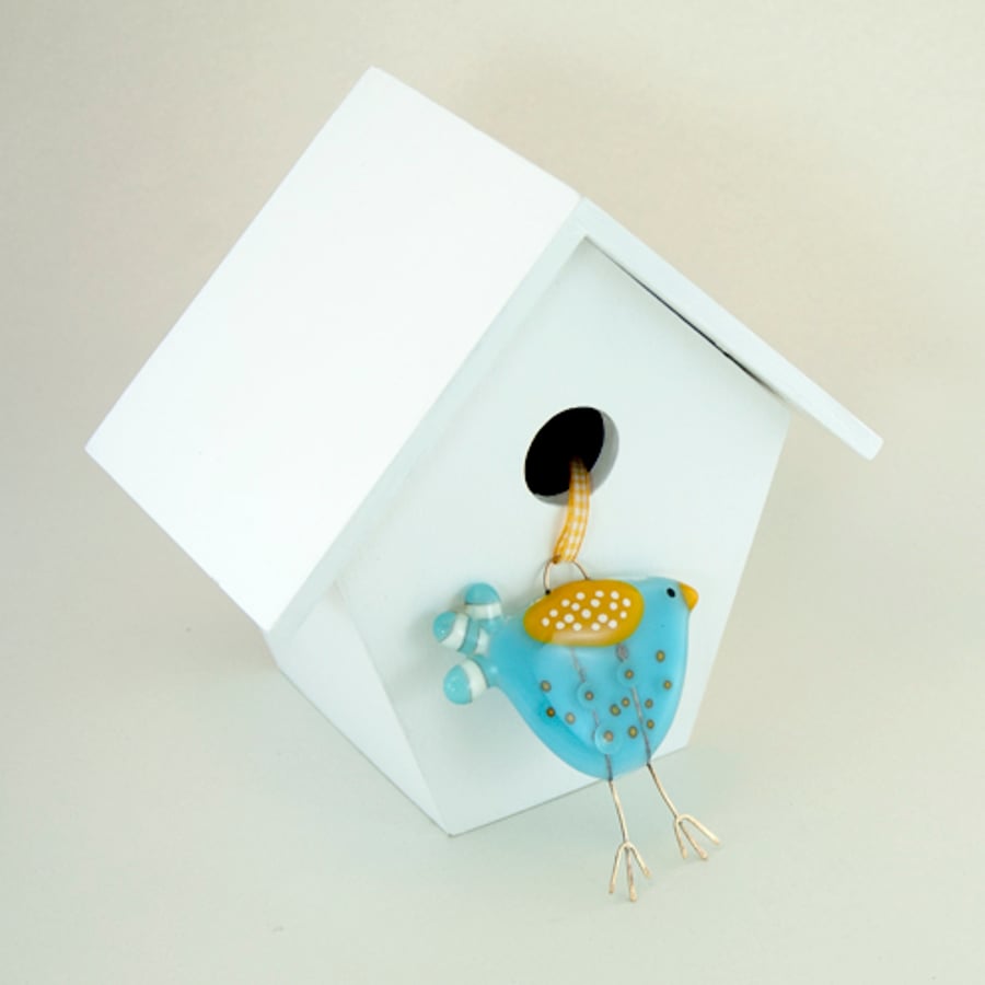 Bue and Yellow Spotty Fused Glass Bird Decoration