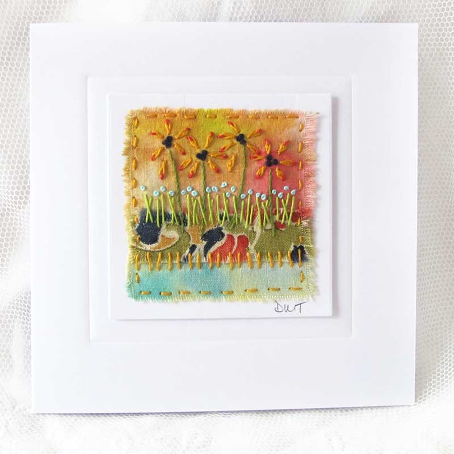 HAND EMBROIDERED GREETING CARD SUMMER GARDEN VOYSEY