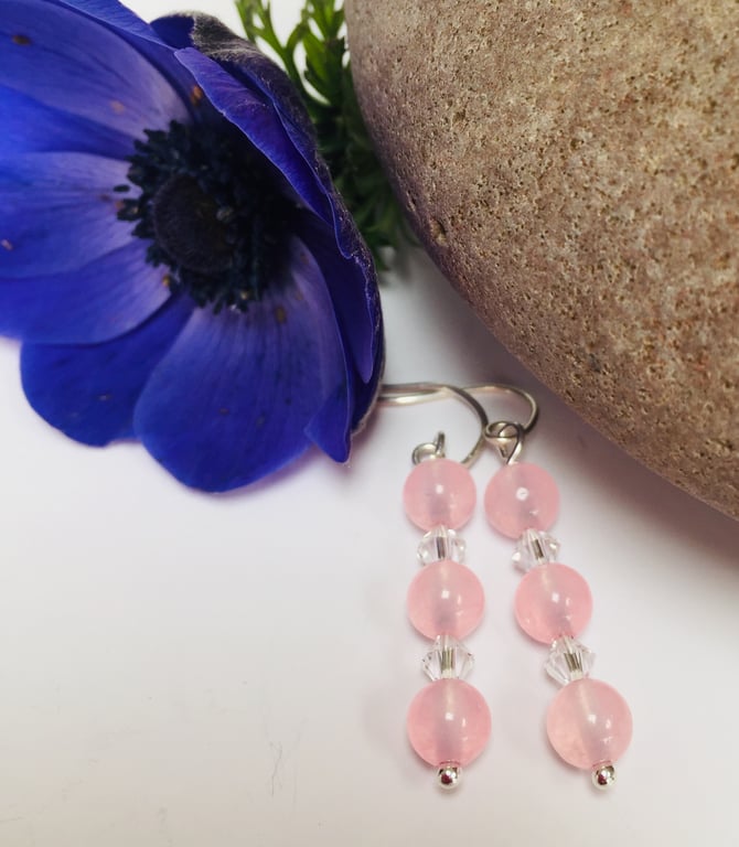 Sterling Silver Rose Quartz and Swarovski Crystal Earrings