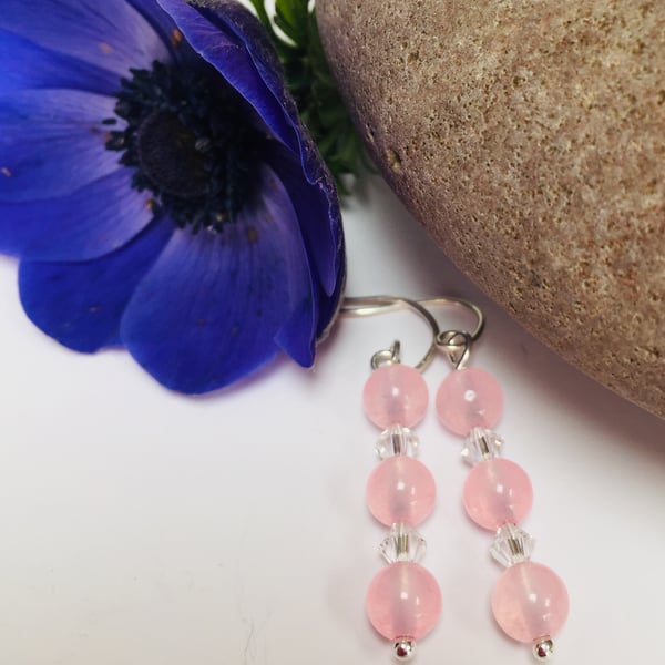 Sterling Silver Rose Quartz and Swarovski Crystal Earrings