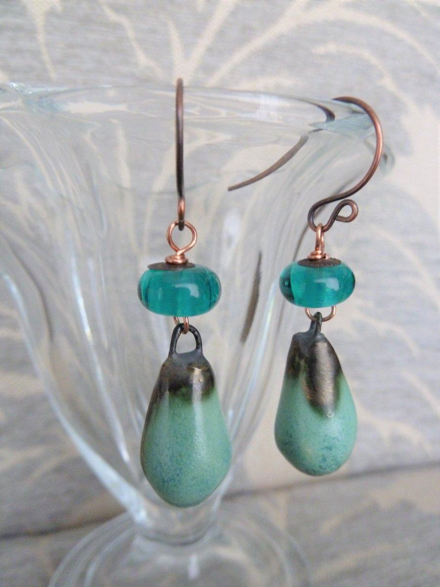 handmade copper, lampwork and ceramic teal earrings