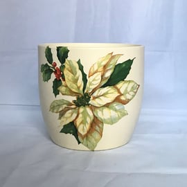 White Poinsettia Christmas Plant Pot Round Cream Ceramic Decorated