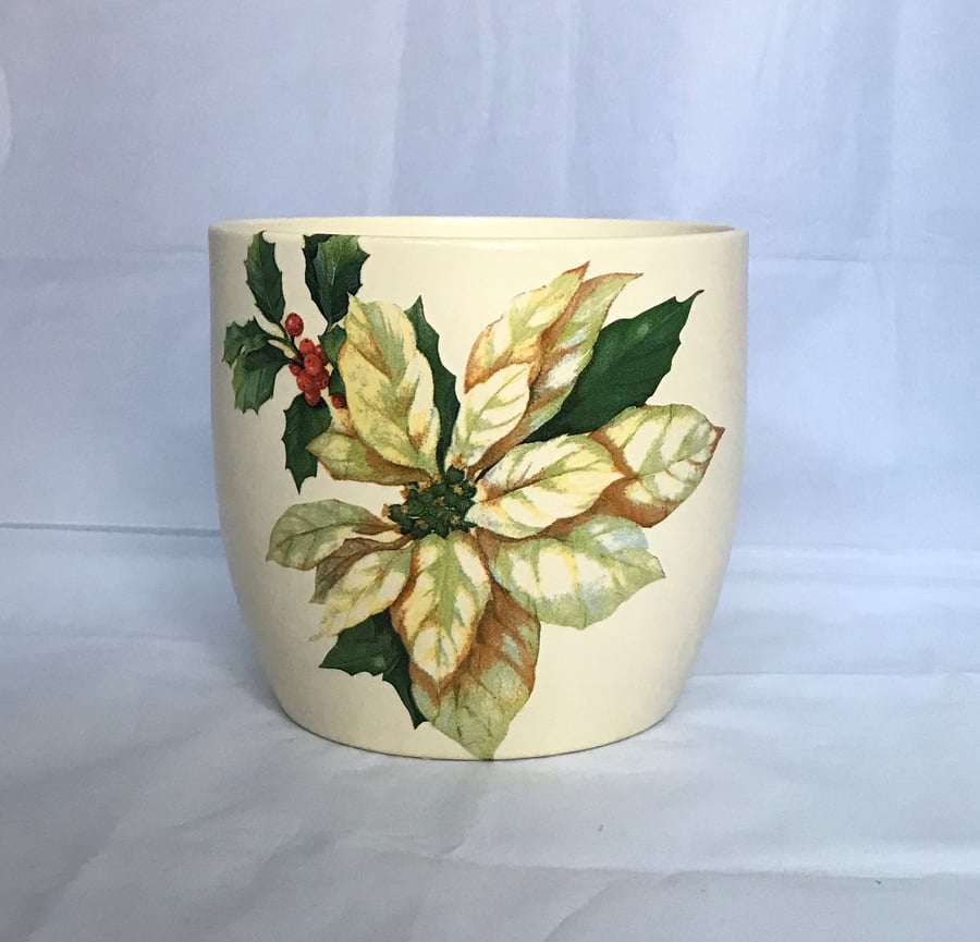 White Poinsettia Christmas Plant Pot Round Cream Ceramic Decorated