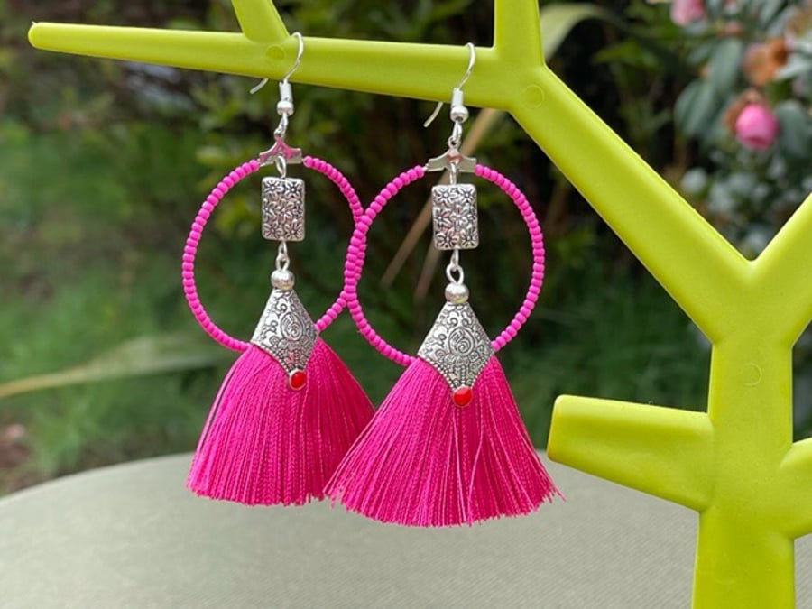 HOT PINK TASSEL EARRINGS HOOPED glass toho beads neon statement silver plated