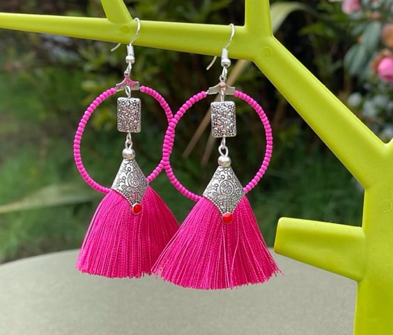 HOT PINK TASSEL EARRINGS HOOPED glass toho beads neon statement silver plated