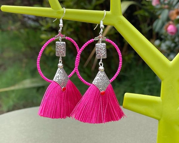 HOT PINK TASSEL EARRINGS HOOPED glass toho beads neon statement silver plated