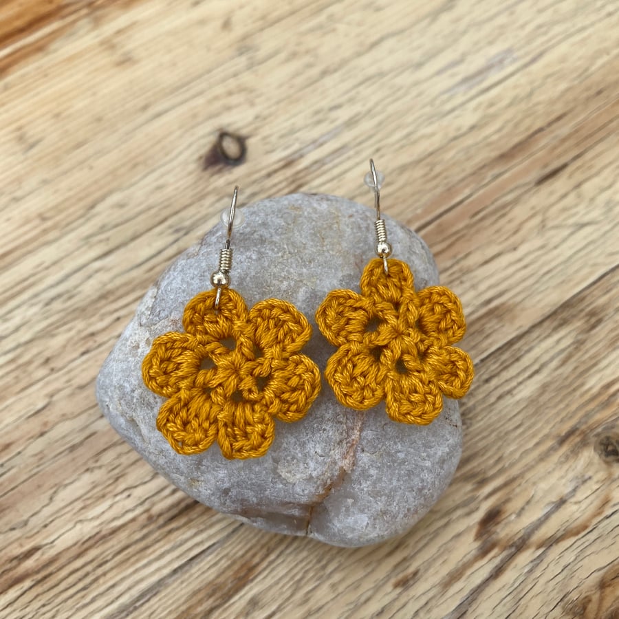 Flower earrings in mustard cotton on .925 silver hooks 