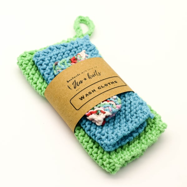 SOLD Hand knitted cotton wash cloths 3 pack - S, M & L- Blue, Green & multi