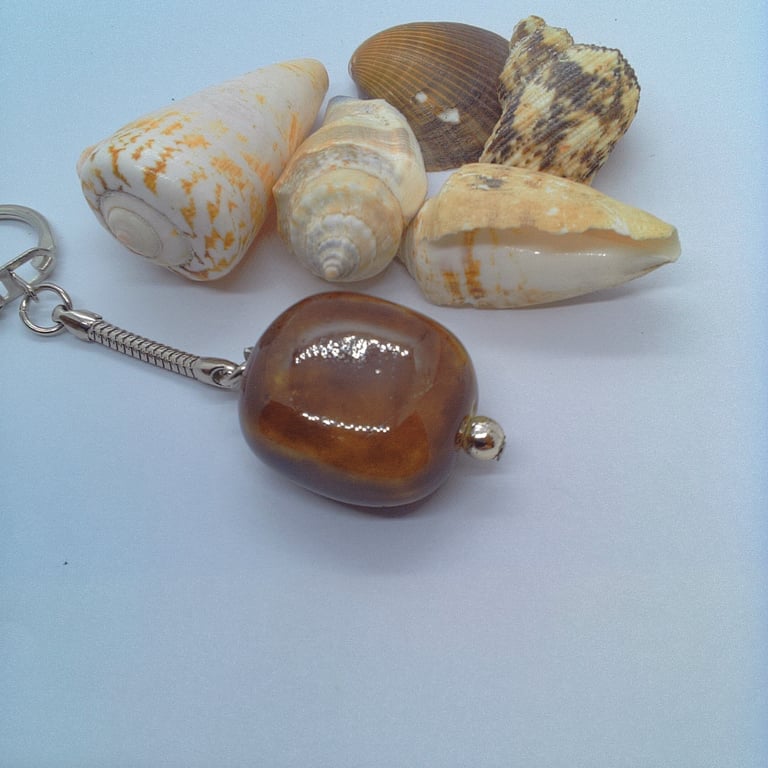 Chestnut Brown Ceramic Cube Key Ring,  Teacher's Gift, Brown Key Ring, Key Ring 