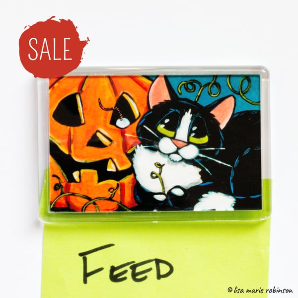 SALE - Cat Pumpkin & Little Mouse Fridge Magnet 3 x 2 inch
