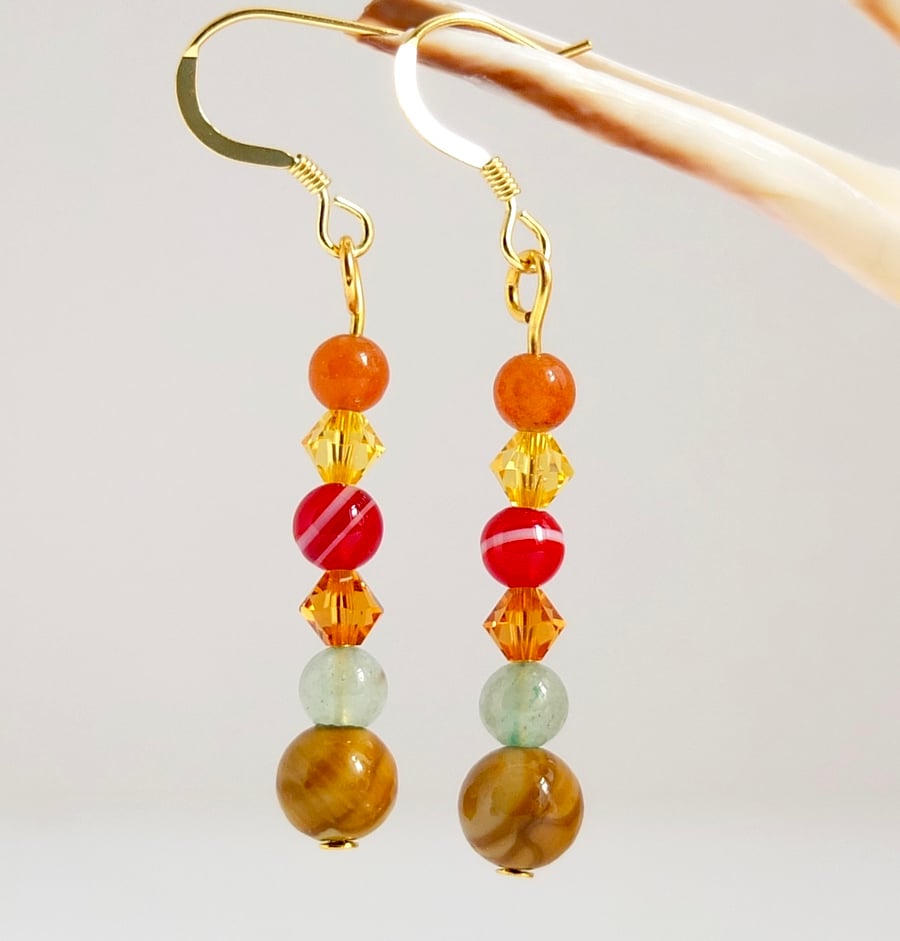 Wood Lace Agate, Swarovski Crystal, Red Agate and Aventurine Earrings.
