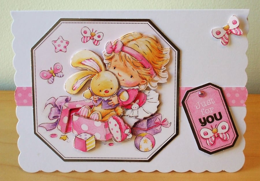 Birthday Card or New Baby Card, Little Girl with Toy Bunny (507)