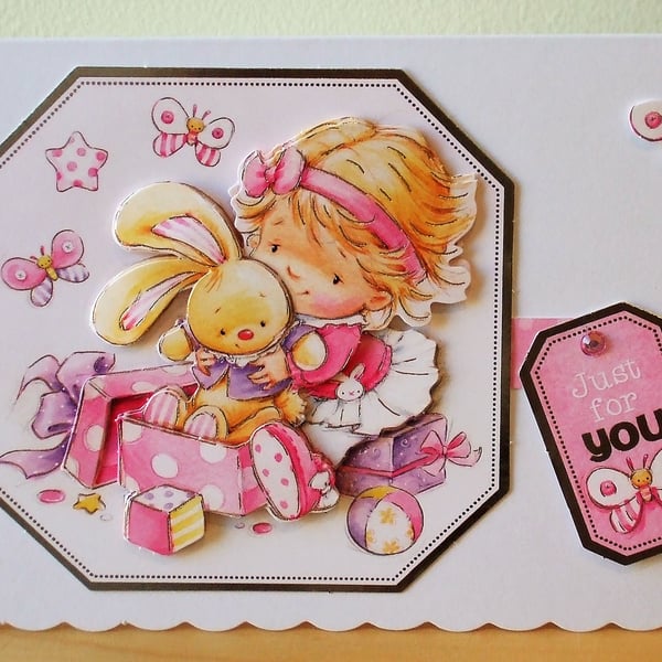 Birthday Card or New Baby Card, Little Girl with Toy Bunny (507)
