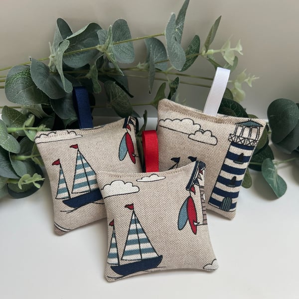 Lavender Sachets: Set of 3 Coastal Cotton Rich Linen Fabric, Sleep, Nature