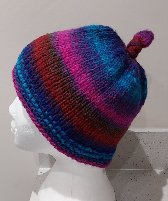 Handknit 100% WOOL NORO KNOTTY TOP BEANIE SMALL