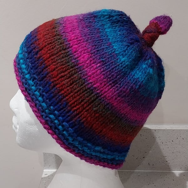 Handknit 100% WOOL NORO KNOTTY TOP BEANIE SMALL