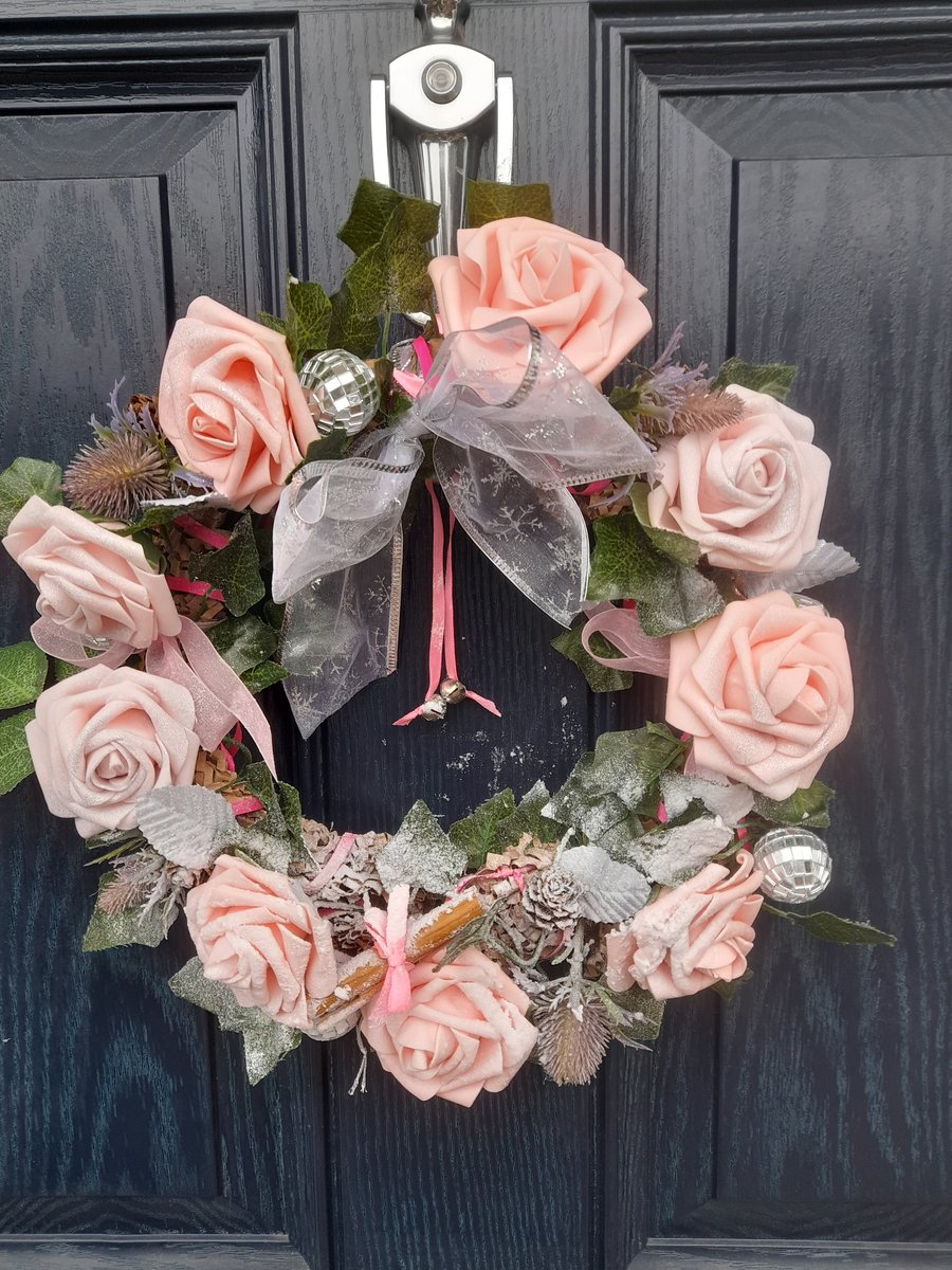 Pink and sliver, recycled Christmas wreath. 