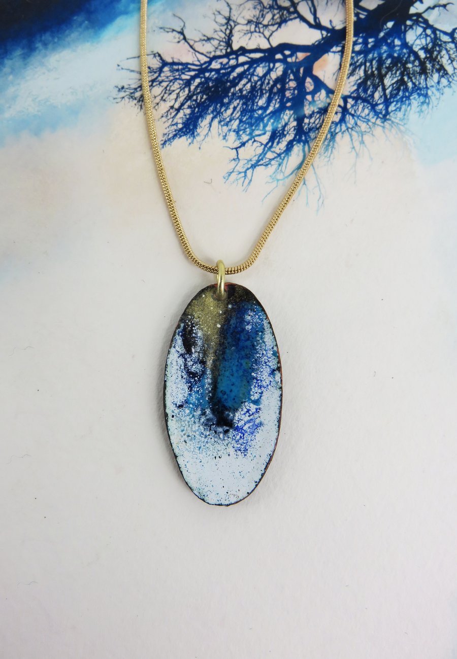 Oval Enamel Pendant with Blue, White and Turquoise Enamel and Gold Shimmer