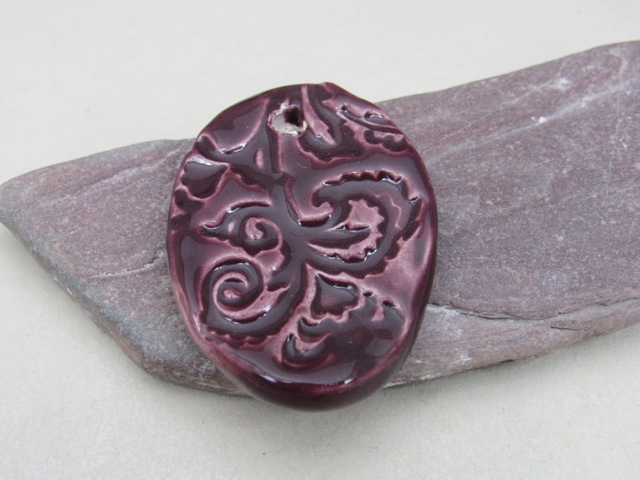 Large Aubergine Purple Brocade Ceramic Pendant