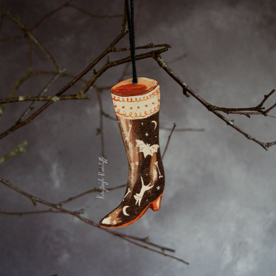 Witches boot wooden hanging decoration, double sided